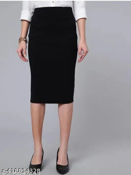 Black polycotton pencil skirt for women, semi-formal office wear, versatile for parties and events