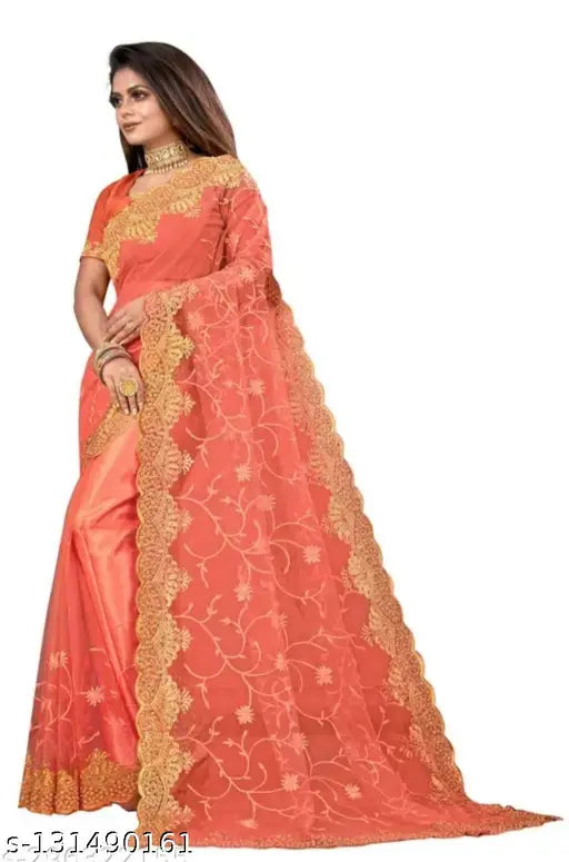 Fancy net saree with embroidered blouse, single free size, Indian Banarasi silk and net fabric