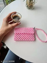 Pink embellished plastic mini wallet, hand-woven pearl design, free size, classic vintage style