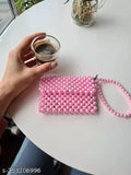 Pink embellished plastic mini wallet, hand-woven pearl design, free size, classic vintage style