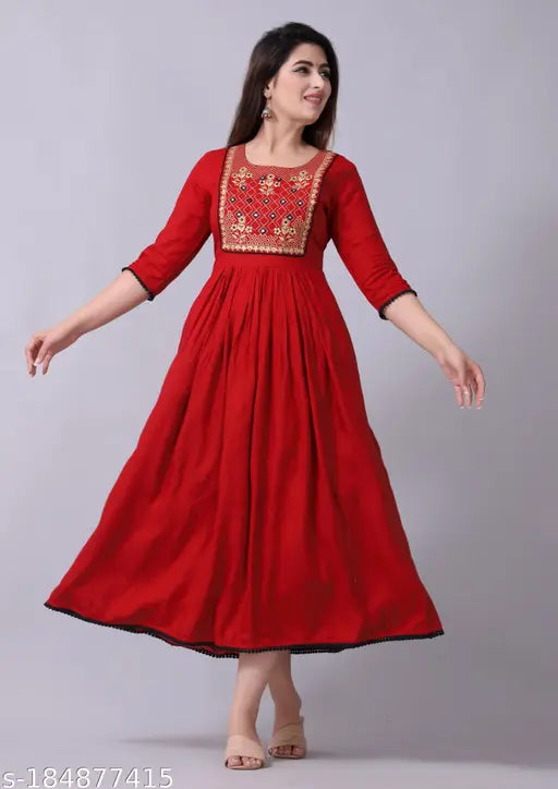 Maroon rayon embroidered kurti, A-line casual wear with three-quarter sleeves, versatile for festive or party outfits, India origin