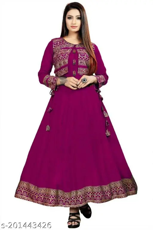 Maroon rayon anarkali kurti jacket with lace border, attractive party wear for women with three-quarter sleeves, India origin