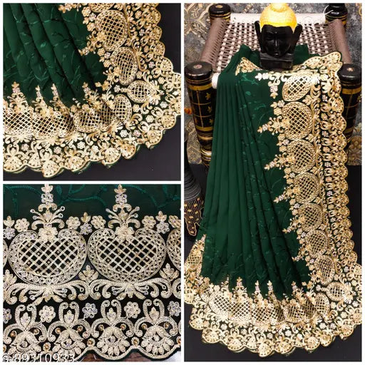 Heavy super net fancy embroidery work diamond wedding saree with intricate flower design, Indian party wear