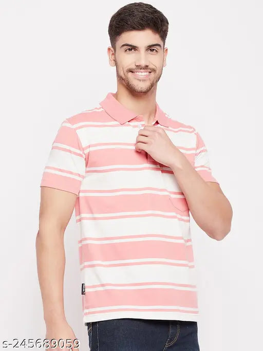 Peach striped cotton polo t-shirt for men, short sleeves, Indian origin