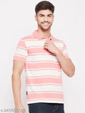 Peach striped cotton polo t-shirt for men, short sleeves, Indian origin