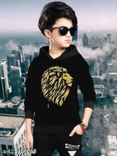 Black printed cotton kids t-shirt with hoodie and long sleeves, suitable for various ages from 2-16 years