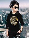 Black printed cotton kids t-shirt with hoodie and long sleeves, suitable for various ages from 2-16 years