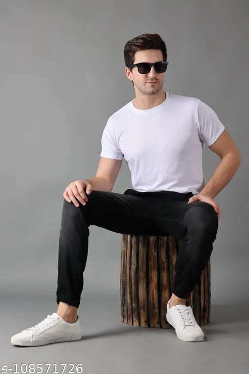 Denim men's jeans, regular fit, black color, PRJ IN STYLE brand, elastic waistband, slim-fitting leg, four pockets, comfortable daily wear