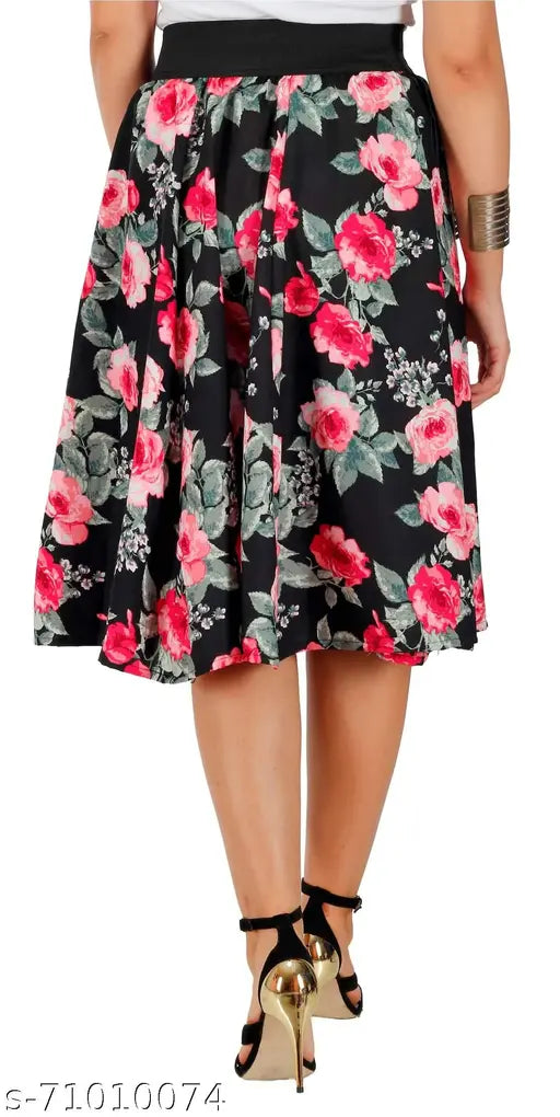 Grace Diva pink rose black base & navy blue multi floral print mid calf length women's skirt combo with black elasticated belt, polyester, flared, size 26/30/32/34, made in India