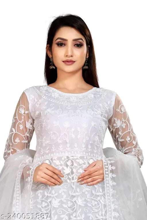 White net chain stitch embroidered gown, free size with three-quarter sleeves and inner & dupatta available
