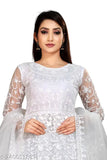 White net chain stitch embroidered gown, free size with three-quarter sleeves and inner & dupatta available