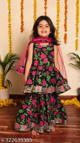 Rayon ethnic wear Kurta set with dupatta and bottomwear for kids ages 3-8 years, sleeveless, printed, net duppata, country of origin: India