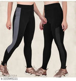 Multicolor striped cotton tights for women's gym, yoga, and sports activities. Self-design net pattern pack of 2 with ribbed bottom for a snug fit during workouts. Available in sizes 28, 30, 32, 34 and originates from India