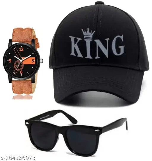 Brown synthetic leather strap stylish analog watch, black wayfarer sun protection sunglasses for men and boys with adjustable cotton baseball cap featuring printed net pattern