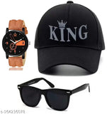Brown synthetic leather strap stylish analog watch, black wayfarer sun protection sunglasses for men and boys with adjustable cotton baseball cap featuring printed net pattern