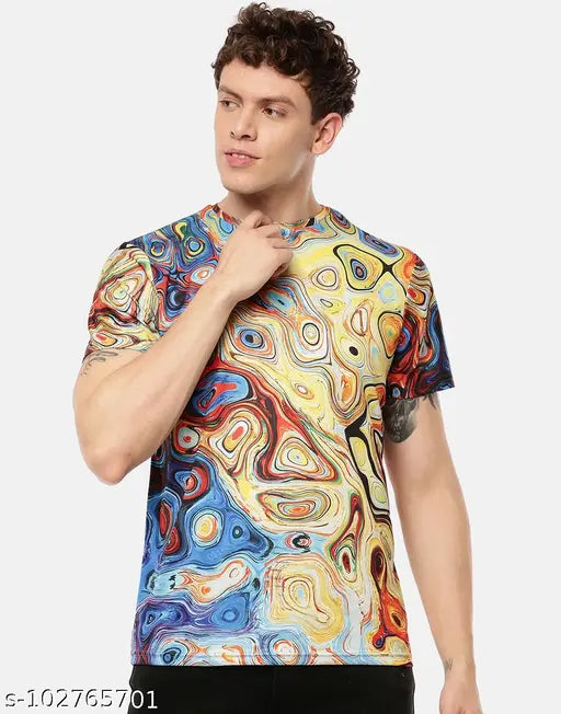 Vivid Colors Printed Men's Polyester T-shirt, short sleeves, multicolor design, sizes S-XL