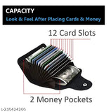 Black leather card holder, Stealodeal brand, 13 slots for debit/credit cards & 2 cash slots, solid design, free size, perfect for everyday use