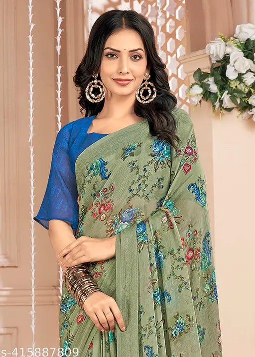 Multicolored floral chiffon saree with contrast blouse piece, India-made, free size