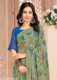 Multicolored floral chiffon saree with contrast blouse piece, India-made, free size