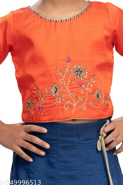 Soft silk embroidered lehenga choli with super net dupatta for girls' weddings, 3/4 sleeves, sizes from 6-14 years, origin India