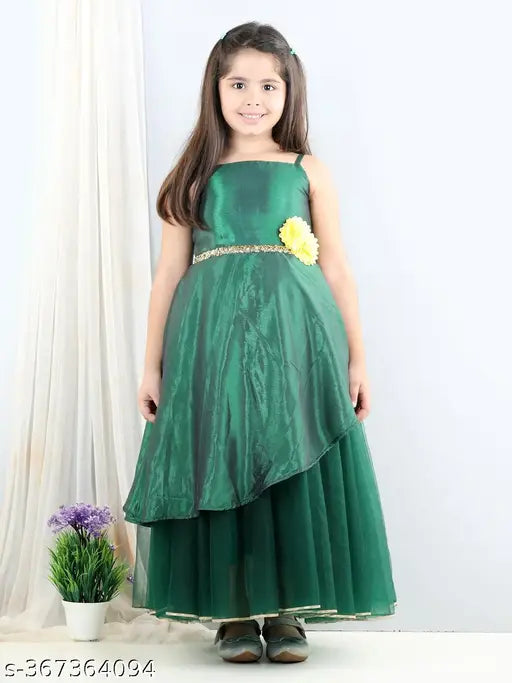 Green polyester toy balloon maxi dress for girls, comfortable shoulder straps, hand-wash care instructions