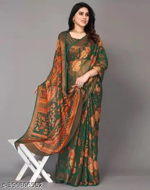 Brasso Chiffon new arrival women's designer printed saree with unstitched running blouse piece, Indian chiffon saree featuring zari woven net print, free size (5.2m x 0.8m)