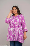 Purple rayon plus size short kurti, printed with trendy design for comfortable fashion in all times. Beautiful color adds rich style and flared pattern is attractive