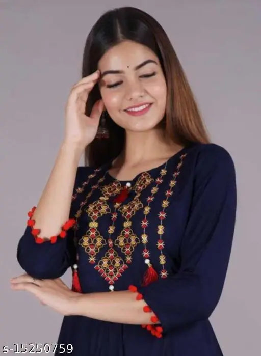 Rayon embroidered Anarkali Kurti, three-quarter sleeves, beautiful party wear for women, India origin
