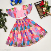 Taffeta silk fancy lehenga choli, georgette abstract pattern for modern comfy kids (2-8 years), Indian bandhini print