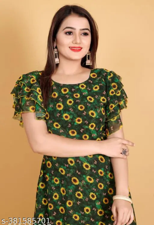 Green georgette Sonflower digital printed kurti, three-quarter sleeves, Indian women's fashion