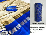Cotton silk HATHI DESIGN saree and brocade blouse, Indian traditional solid-pattern saree with separate cotton silk blouse