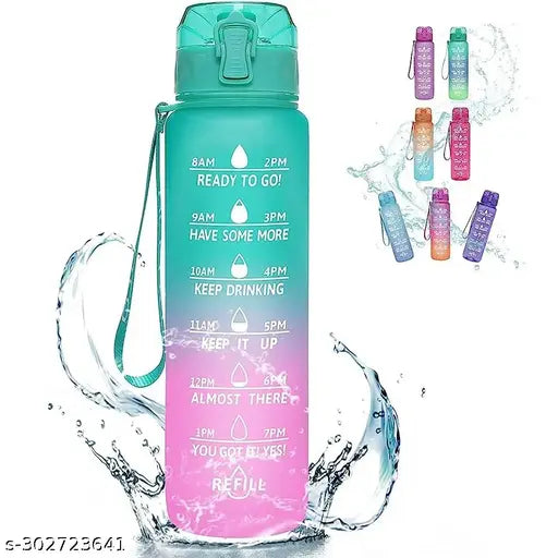 Multicolor, leak-proof, BPA-free Tritan sipper water bottle with time markings (1 liter), perfect for office, gym, sports, or school
