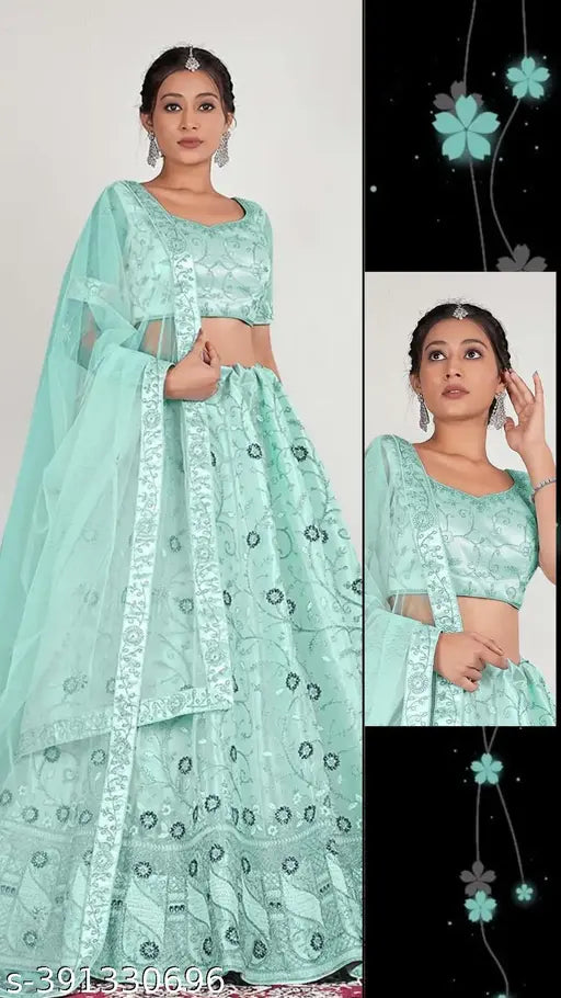 Sky Blue Embroidered Net Party Wear Lehenga Choli Set, embellished with golden zari work, 2.5m dupatta and semi-stitched blouse