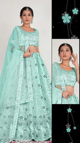 Sky Blue Embroidered Net Party Wear Lehenga Choli Set, embellished with golden zari work, 2.5m dupatta and semi-stitched blouse