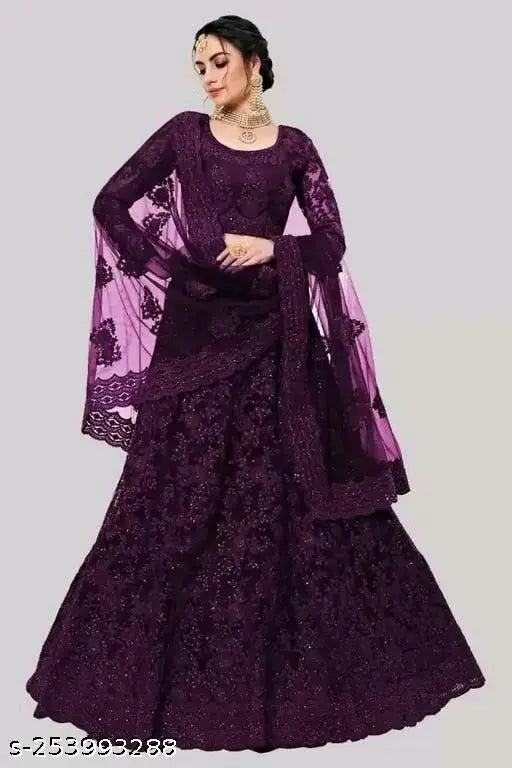 Semi-stitched net lehenga choli set, embroidered bridal party wear for women. Free size (42m waist, 44m length). Indian handcrafted festive attire