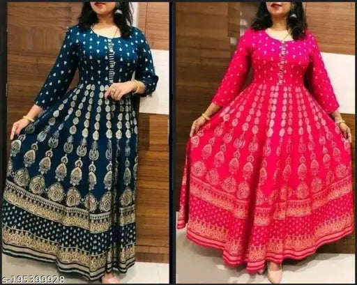 Rayon printed dress and kurta with three-quarter sleeves, Indian ethnic wear in S, M, L, XL, XXL, XXXL sizes