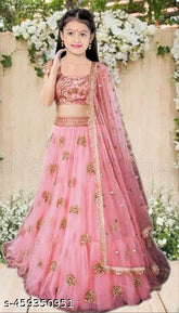 Pink net embroidered work lehenga, choli and dupatta set for girls (pack of 1)