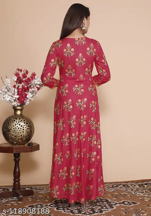 Rayon-cotton full frill Anarkali kurti for women in white, printed combo, three-quarter sleeves - S (36in), stylish design for all occasions