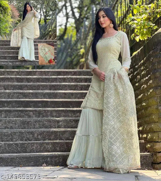 Georgette dupatta set with embroidered kurta and dhoti, heavy Maslin cotton silk, XL size, ready-to-wear Indian traditional wear