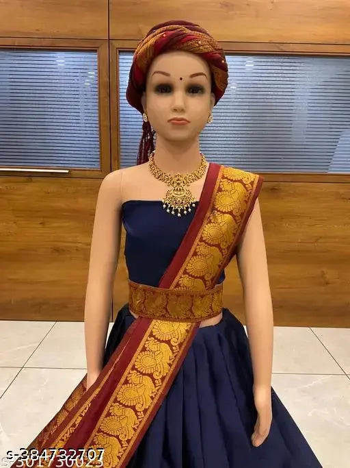 Traditional south Indian kids lehengha choli set in art silk, half saree with jari work & jacquard dupatta