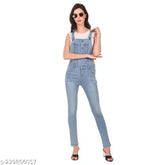 Sleeveless stretchable slim fit denim dungaree for women, solid color, high-quality Indian make