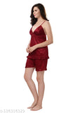 Maroon LIFETALE satin babydoll cami top & shorts set, stylish sleepwear lingerie perfect for honeymoon, casual lounge wear, or everyday use