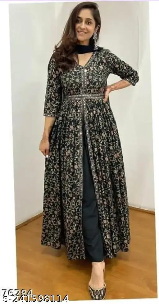 Indian embroidered quality kurti gown with dupatta bottom, sizes M-XXL, three-quarter sleeves