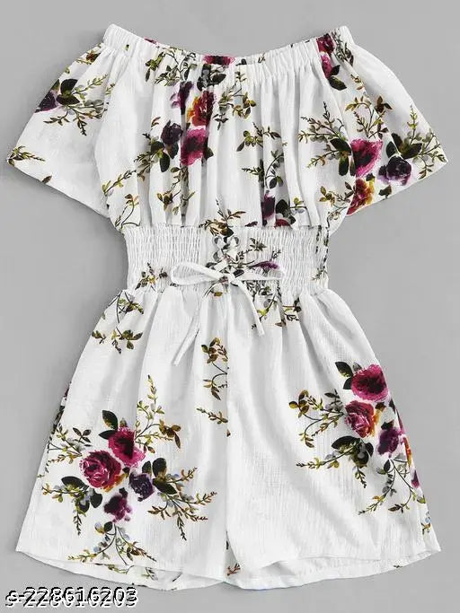 White crepe fabric floral print romper jumpsuit for women, short sleeves, India-made