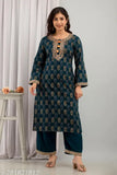 Rayon kurta set with palazzos, printed net, long sleeves, blue color, Aakarsha fashionable women's wear, India