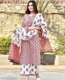 Cotton kurta with rayon dupatta and cotton bottomwear, printed three-quarter sleeves set for women, Indian traditional clothing on mannequin