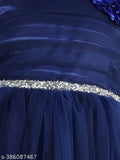 Navy blue embroidered party dress for girls on net fabric, full length with shoulder straps, size 7-8 years (India origin)