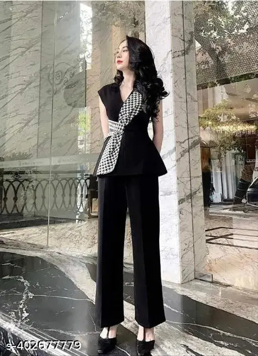 Classic cotton blend women's suit set, V-neck top with bottom pant for office, coordinated business wear for women