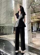 Classic cotton blend women's suit set, V-neck top with bottom pant for office, coordinated business wear for women