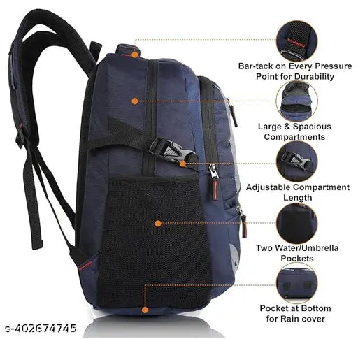 Navy blue polyester laptop backpack with rain cover and reflective strip, spacious and lightweight with utility pockets for daily essentials and laptops up to 17 inches